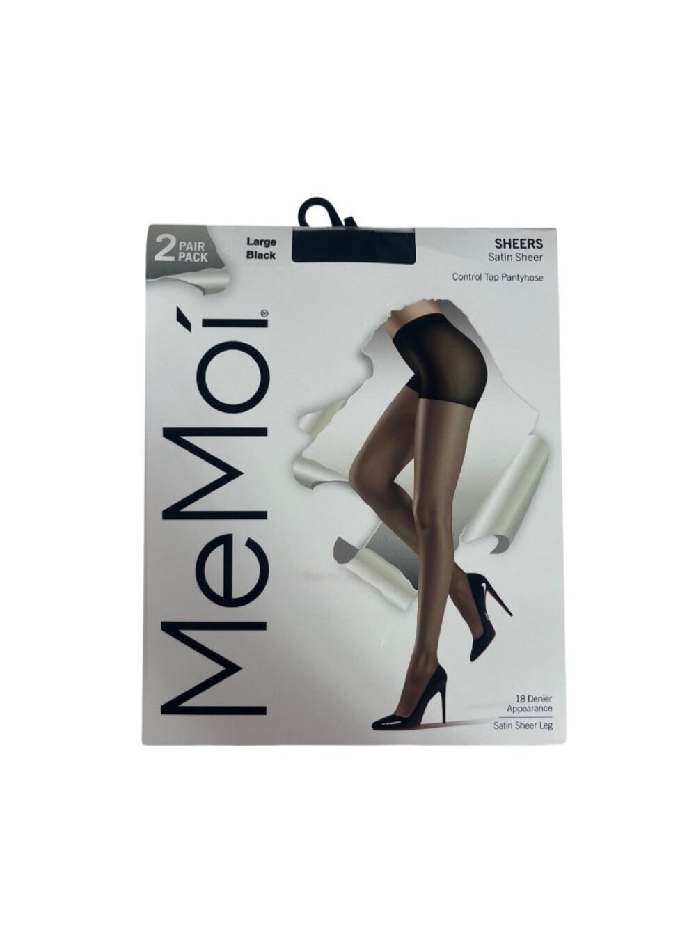 MeMoi Satin Sheer Control Top Pantyhose 2-Pack Large Black 18 Denier New